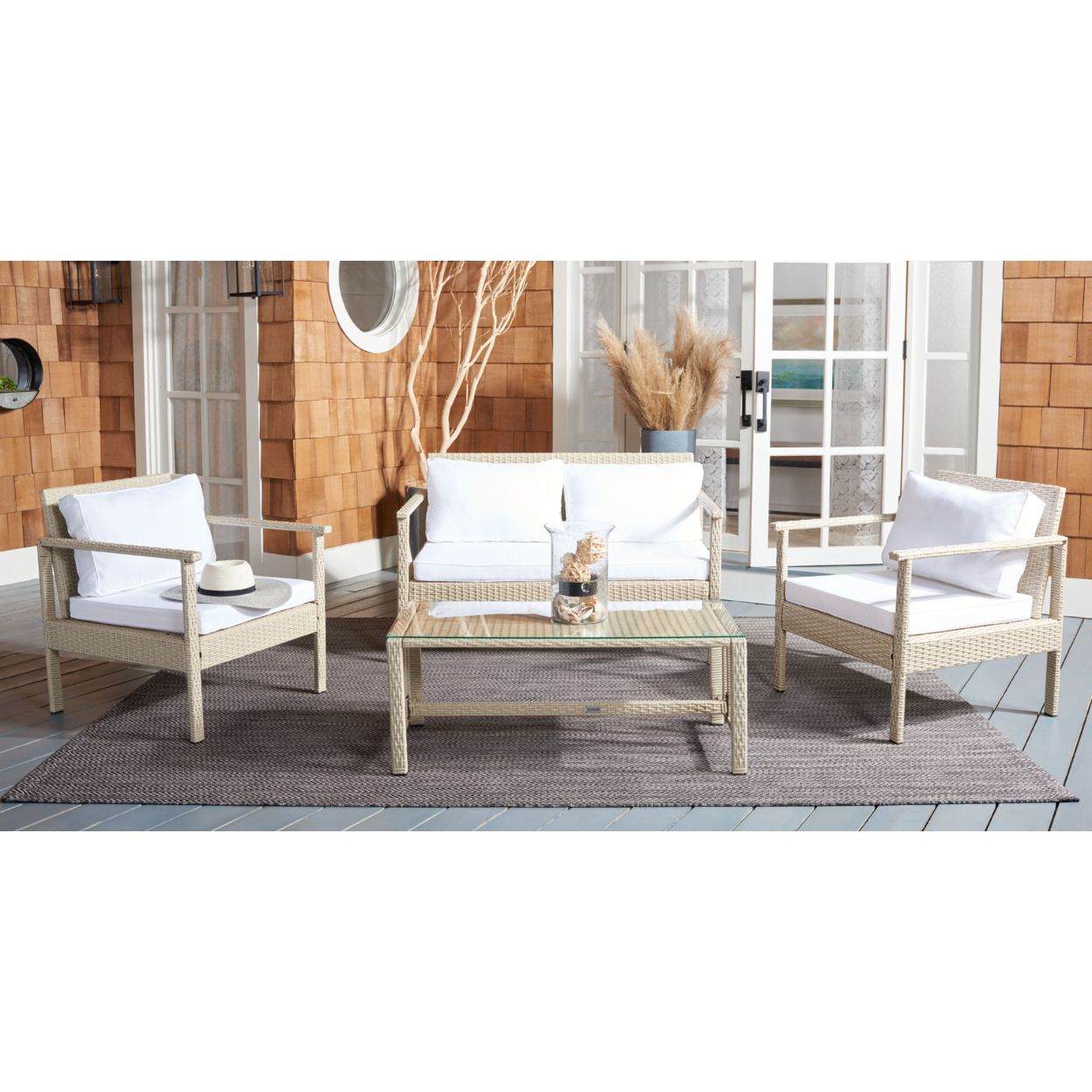 SAFAVIEH Outdoor Collection Garnen 4-Piece Patio Set Beige/White Cushion