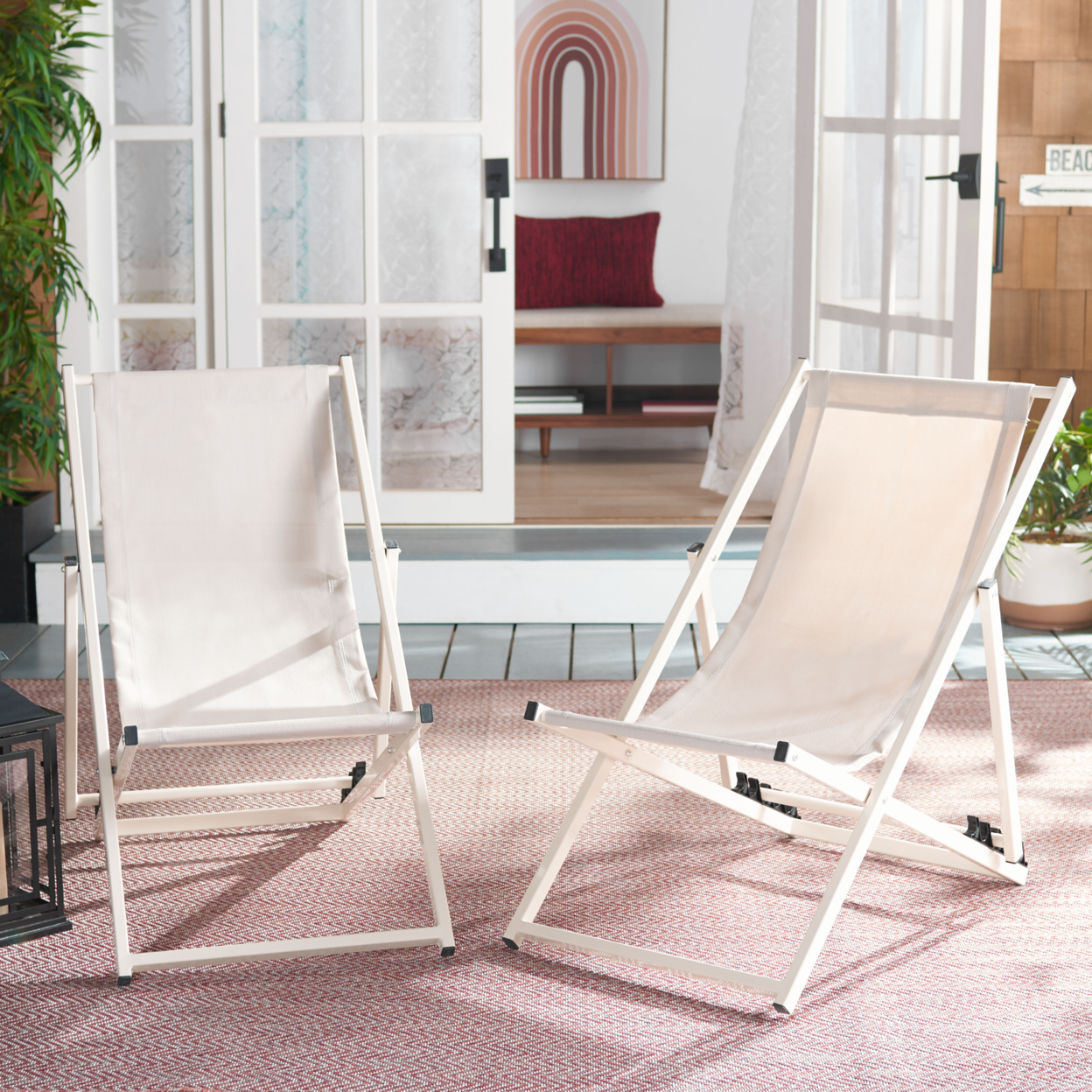 SAFAVIEH Outdoor Collection Breslin Set Of 2 Sling Chairs Beige