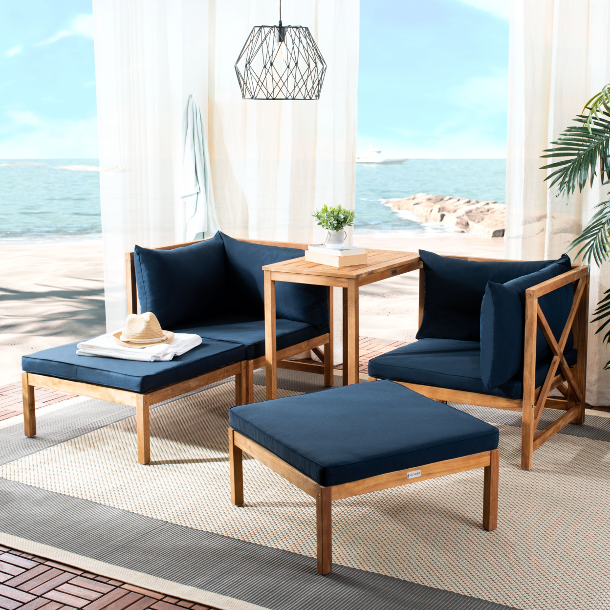 SAFAVIEH Outdoor Collection Ronson 5-Piece Sectional Set Natural/Navy