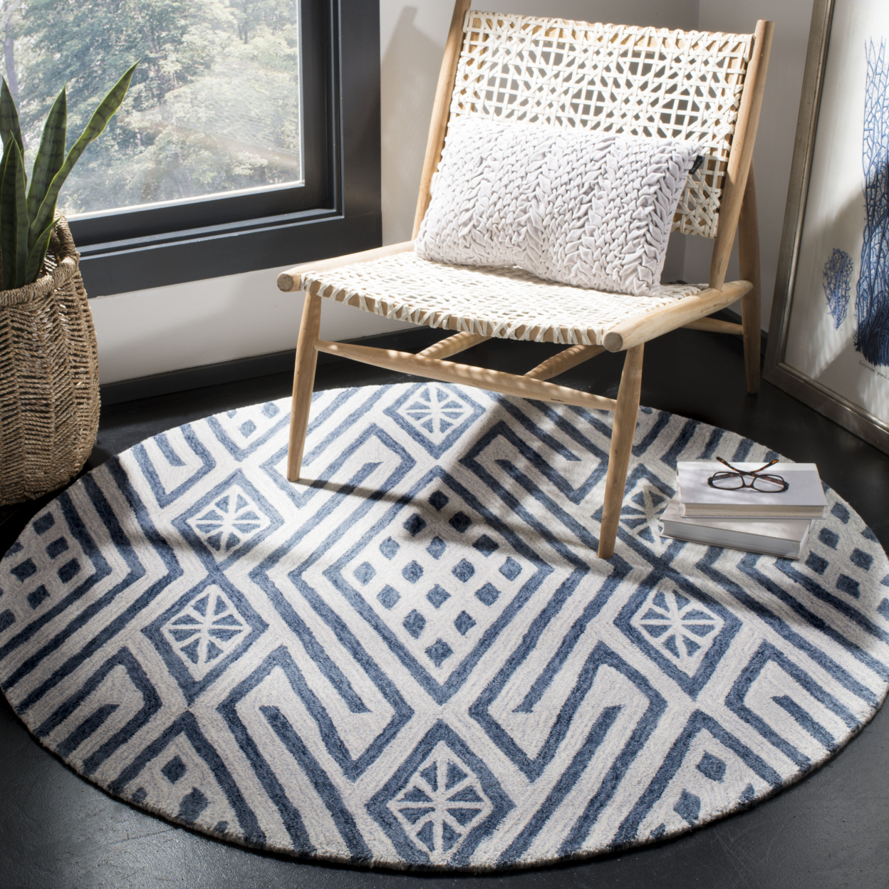 SAFAVIEH Micro-Loop Collection MLP611M Blue / Ivory Rug - 5' Square