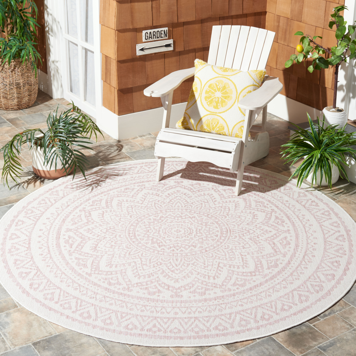 SAFAVIEH Outdoor CY8734-56212 Courtyard Ivory / Soft Pink Rug - 6' 7 Square