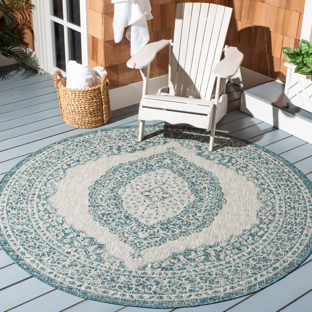 SAFAVIEH Outdoor CY8751-37212 Courtyard Light Grey / Teal Rug - 6' 7 Square