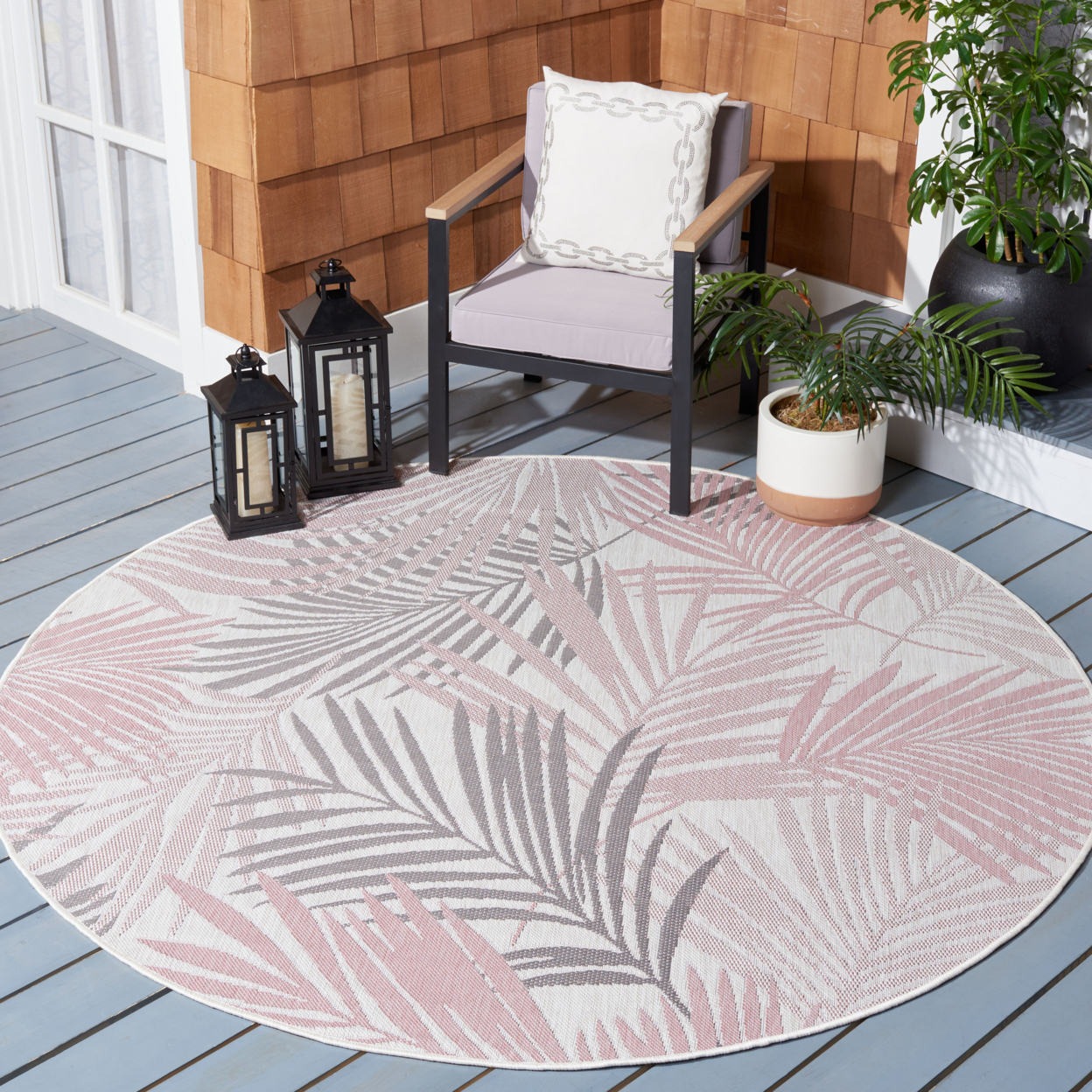 SAFAVIEH Outdoor CY8837-56212 Courtyard Ivory / Pink Rug - 6' 7 Square