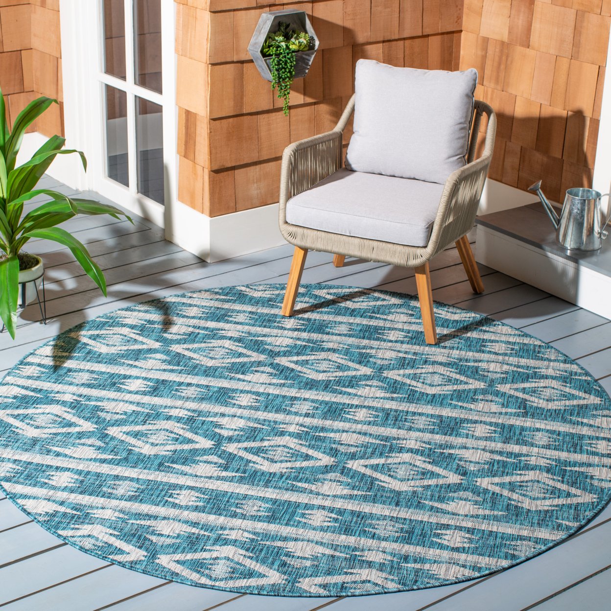 SAFAVIEH Outdoor CY8863-37221 Courtyard Teal / Grey Rug - 6' 7 Square