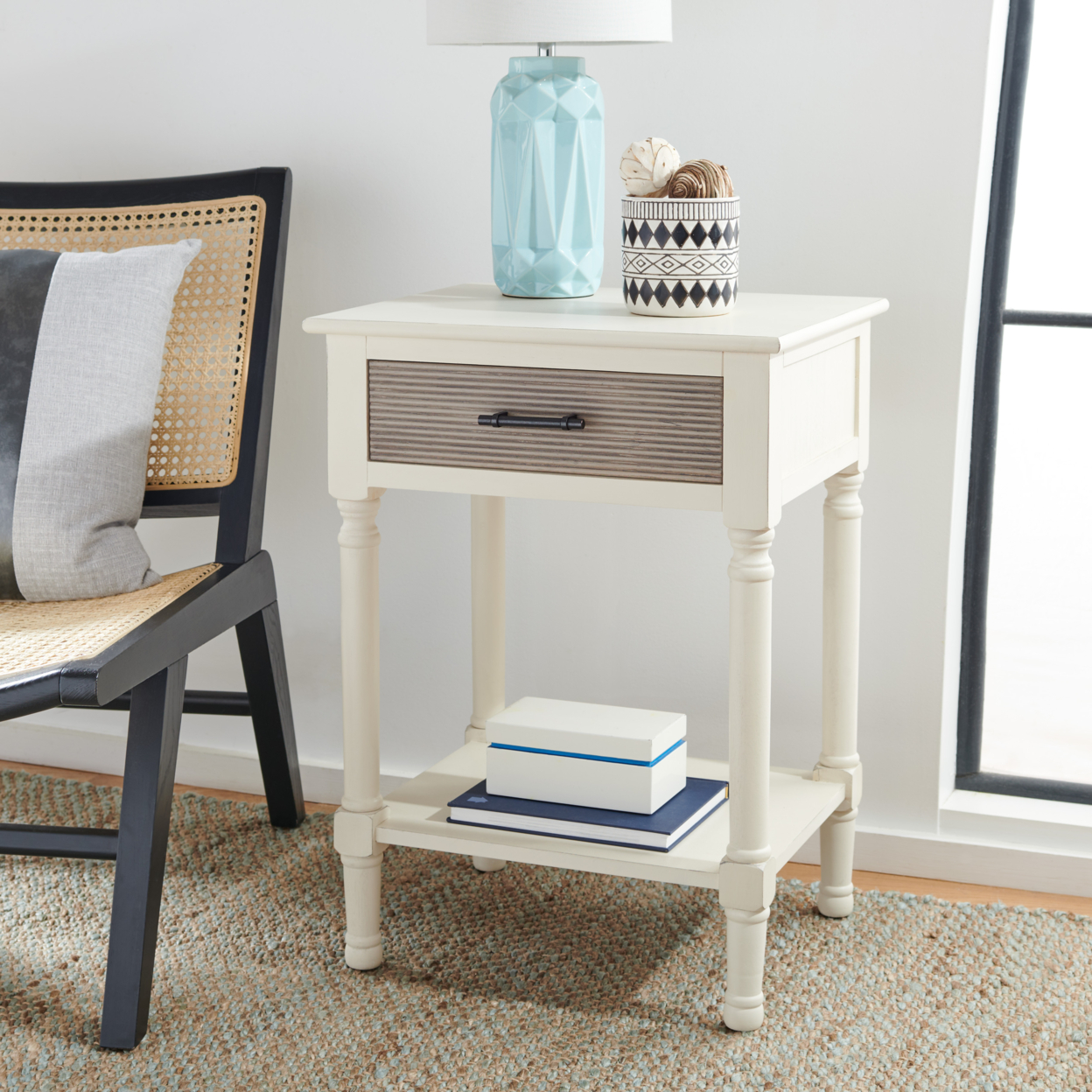 SAFAVIEH Ryder 1-Drawer Accent Table Distressed White / Greige