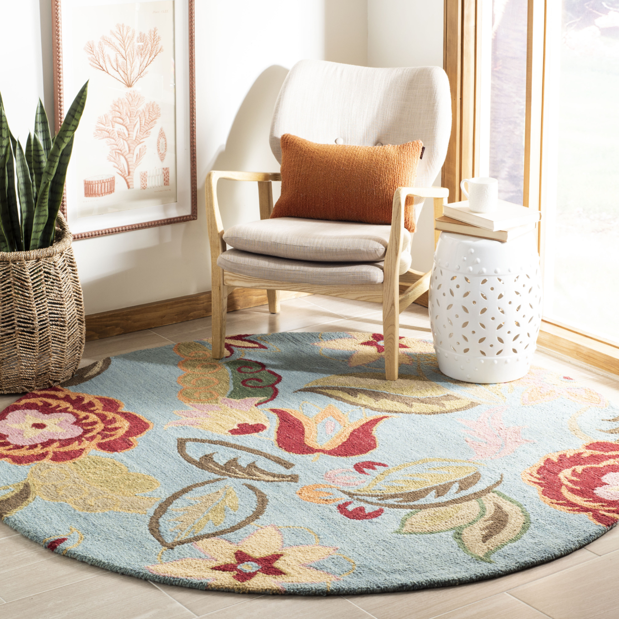 SAFAVIEH Blossom BLM675A Hand-hooked Blue / Multi Rug - 6' Round