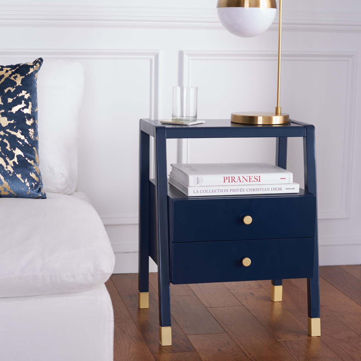 SAFAVIEH Cove 2-Drawer 1 Shelf Accent Table Navy / Gold