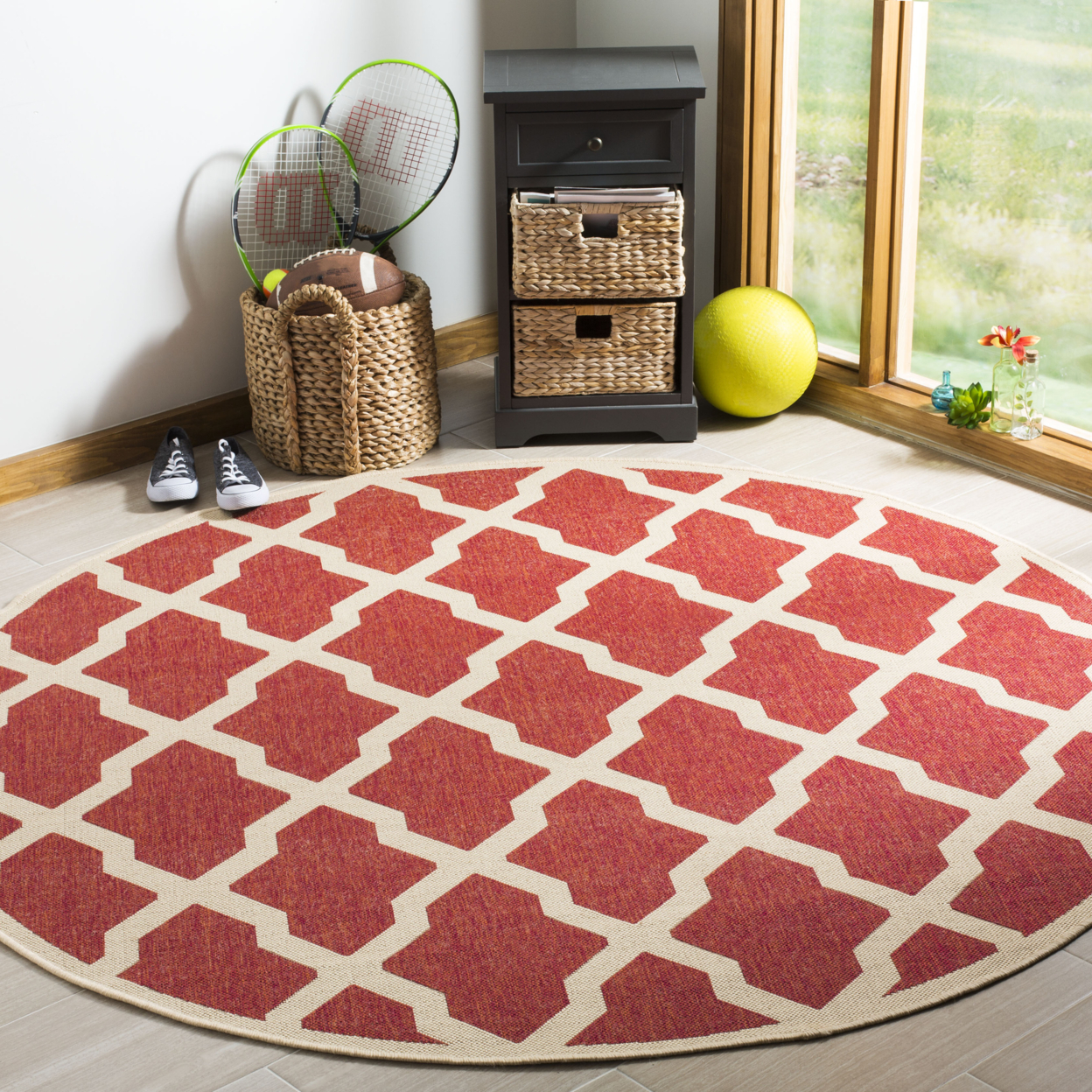 SAFAVIEH Outdoor LND122Q Linden Collection Red / Creme Rug - 6' 7 Square