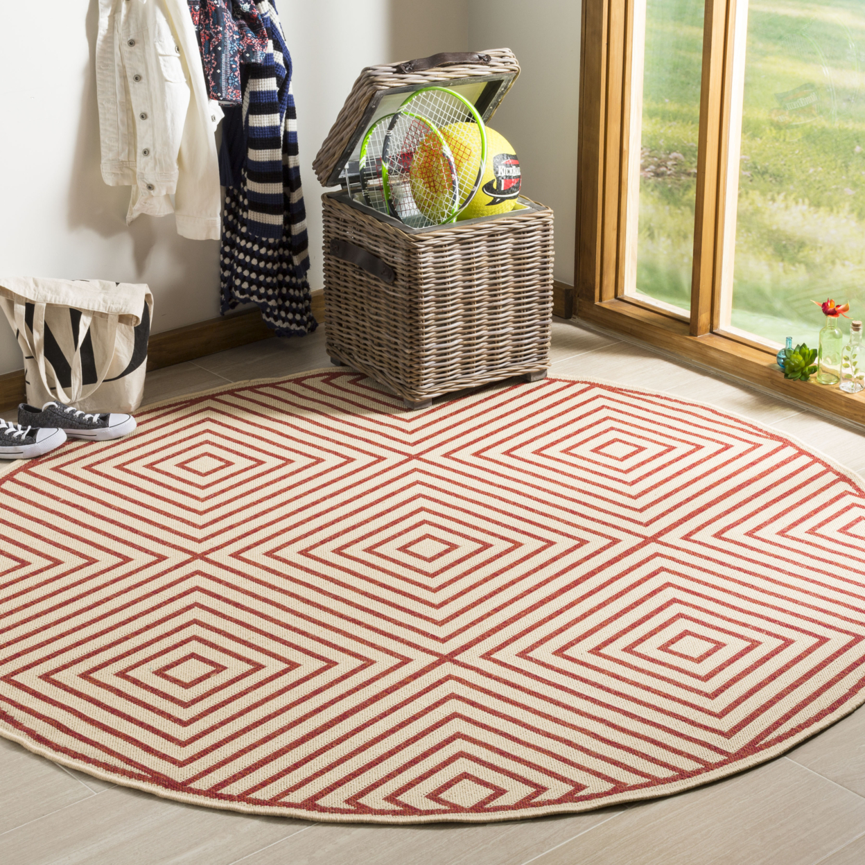 SAFAVIEH Outdoor LND123Q Linden Collection Red / Creme Rug - 6' 7 Square