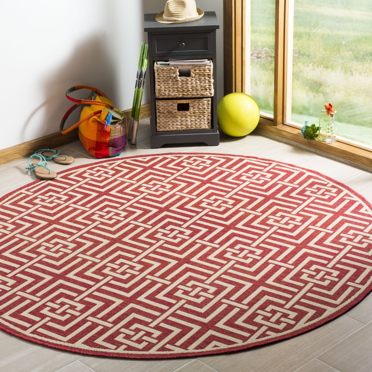 SAFAVIEH Outdoor LND128Q Linden Collection Red / Creme Rug - 6' 7 Square