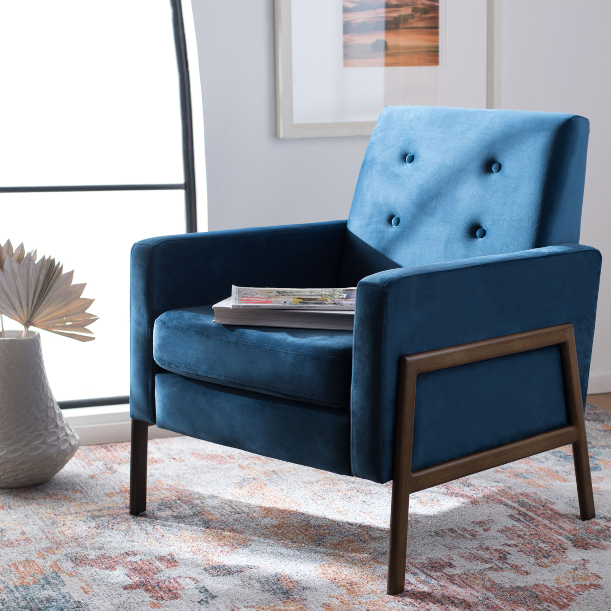 SAFAVIEH Roald Sofa Accent Chair Prussian Blue / Antique Coffee
