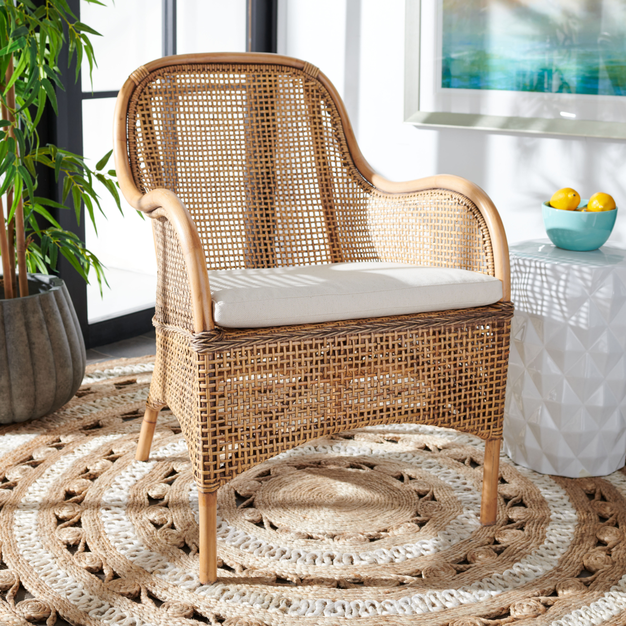 SAFAVIEH Charlie Rattan Accent Chair With Cushion White Washed / White