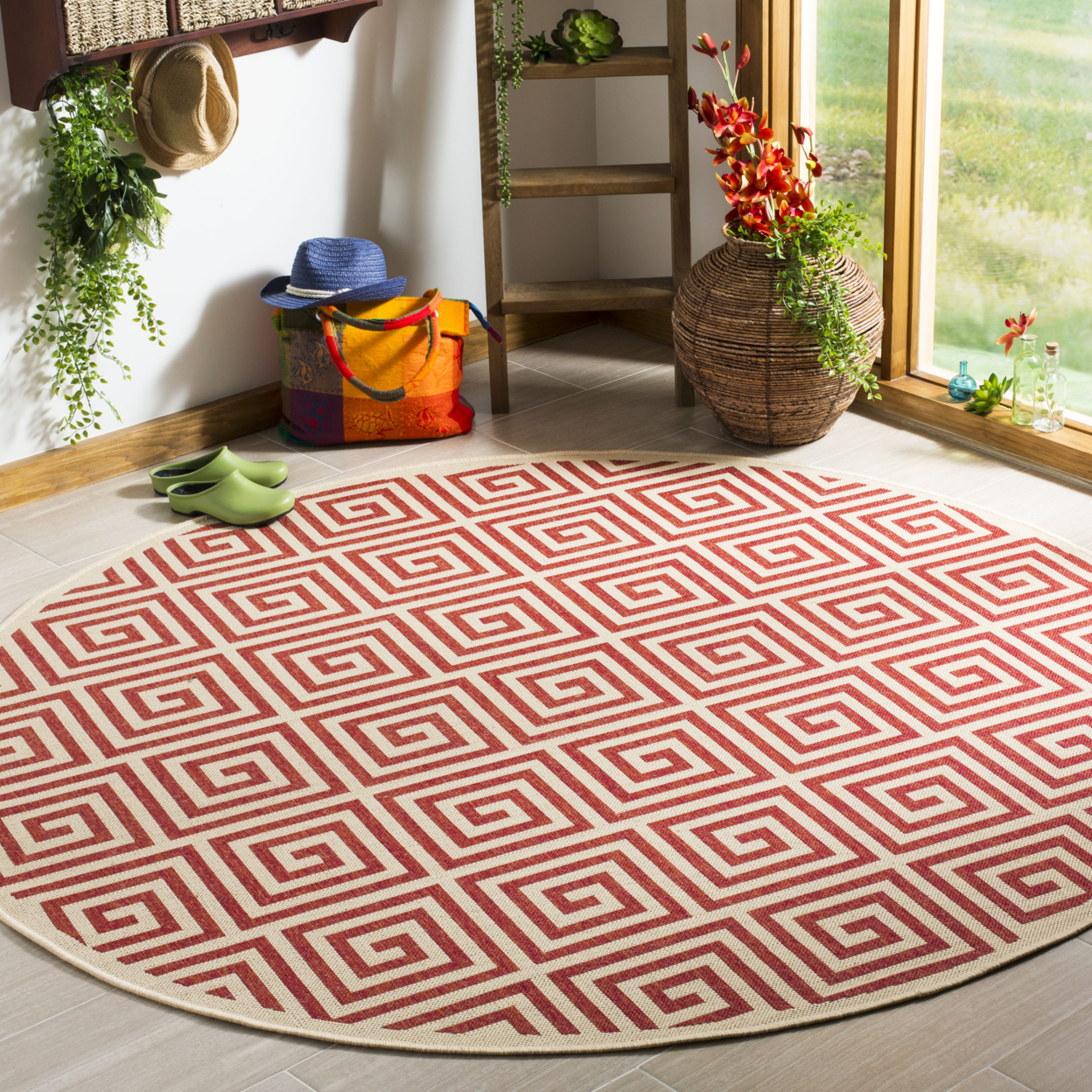 SAFAVIEH Outdoor LND129Q Linden Collection Red / Creme Rug - 6' 7 Square