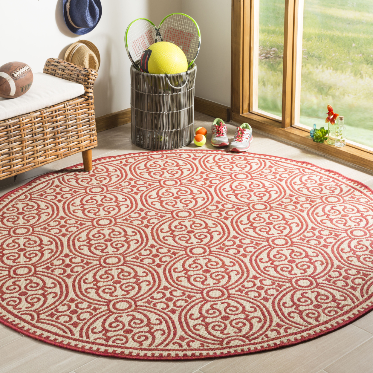 SAFAVIEH Outdoor LND134Q Linden Collection Red / Creme Rug - 6' 7 Square
