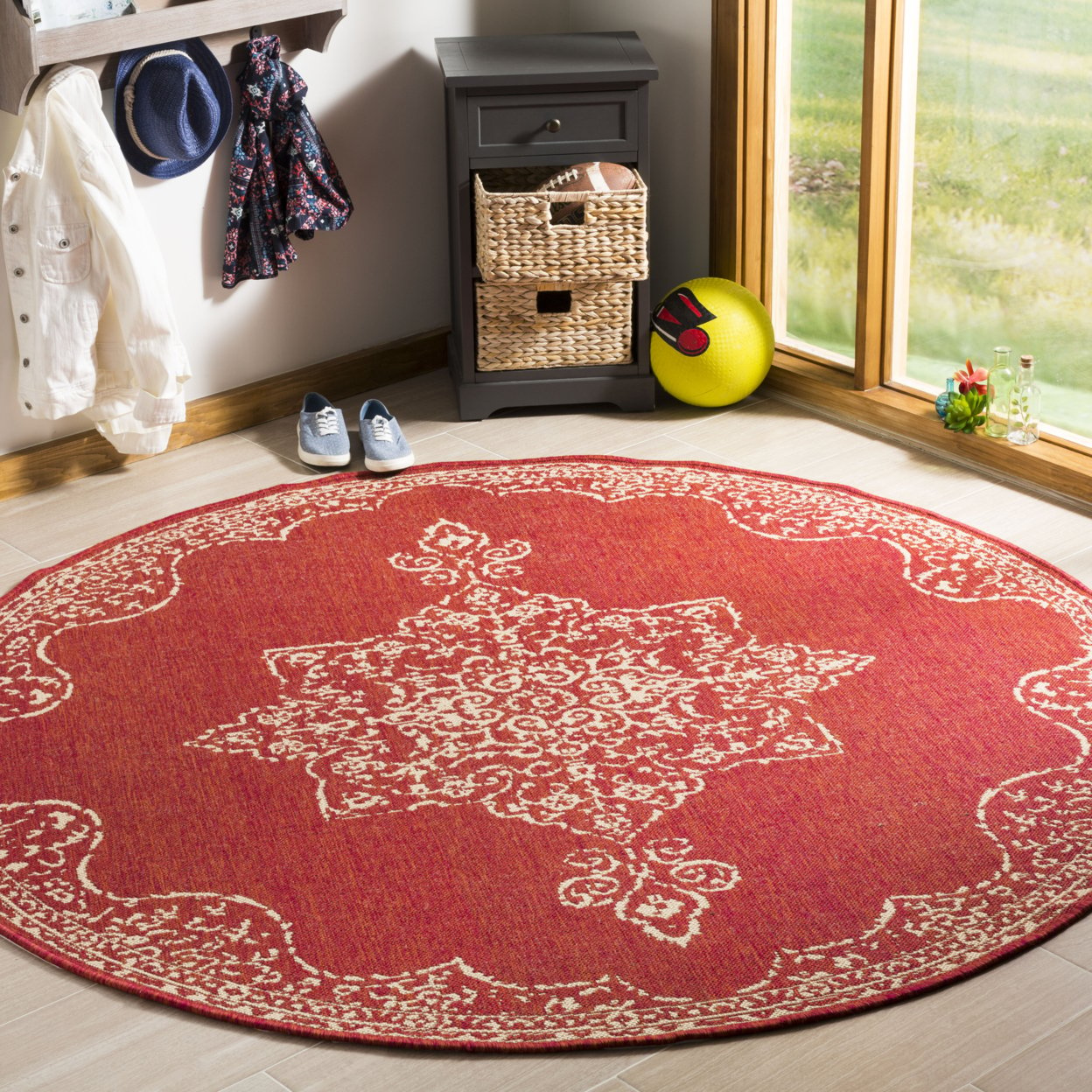 SAFAVIEH Outdoor LND180Q Linden Collection Red / Creme Rug - 6' 7 Square
