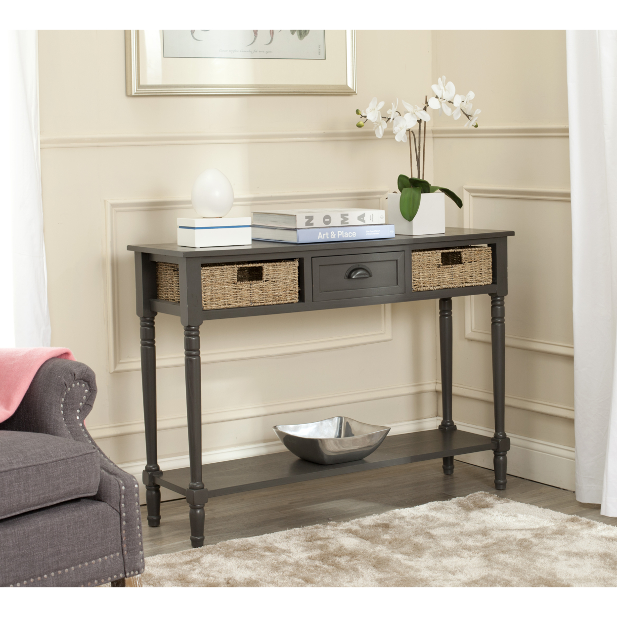 SAFAVIEH Winifred Wicker Console Table With Storage Grey