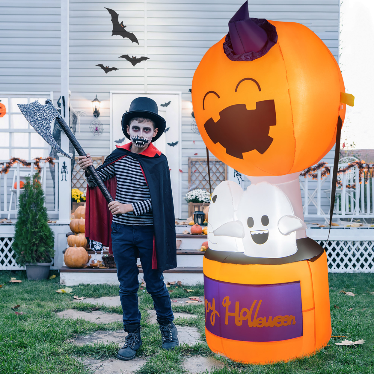 6FT Tall Halloween Ghost Pumpkin Inflatable Hot Air Balloon Decor W/ LED Lights