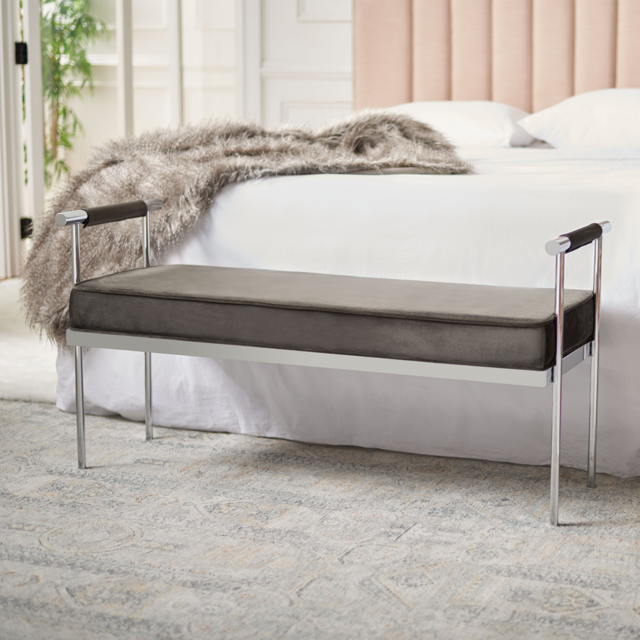 SAFAVIEH Pim Long Rectangle Bench With Arms Shale/ Chrome