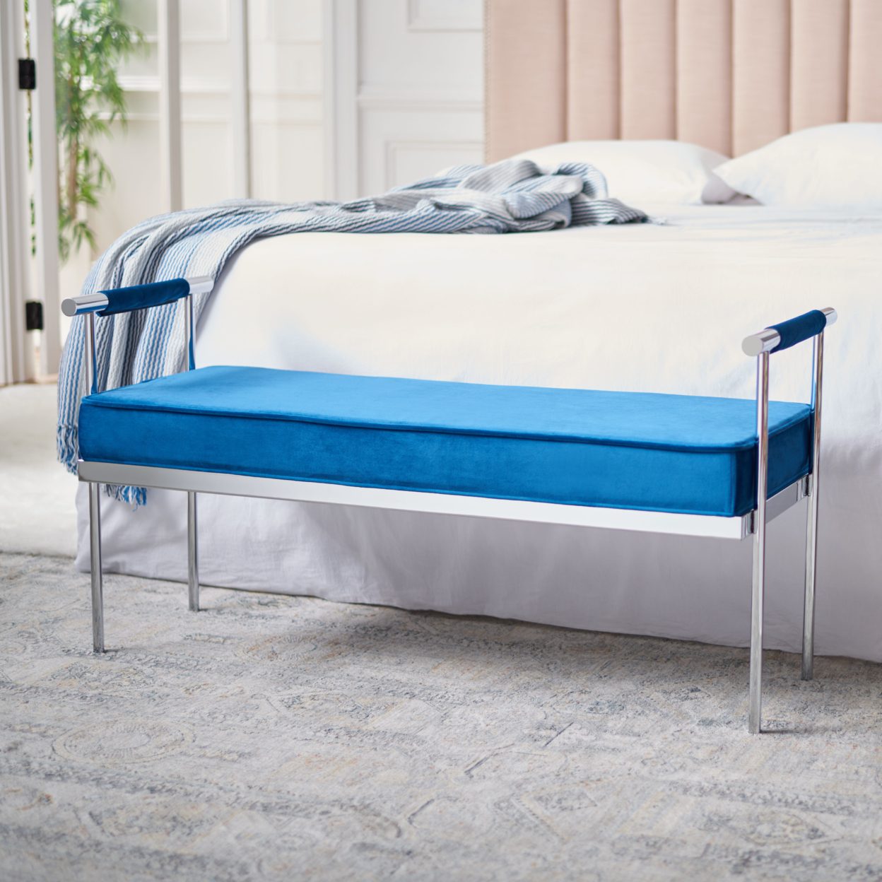 SAFAVIEH Pim Long Rectangle Bench With Arms Navy / Chrome