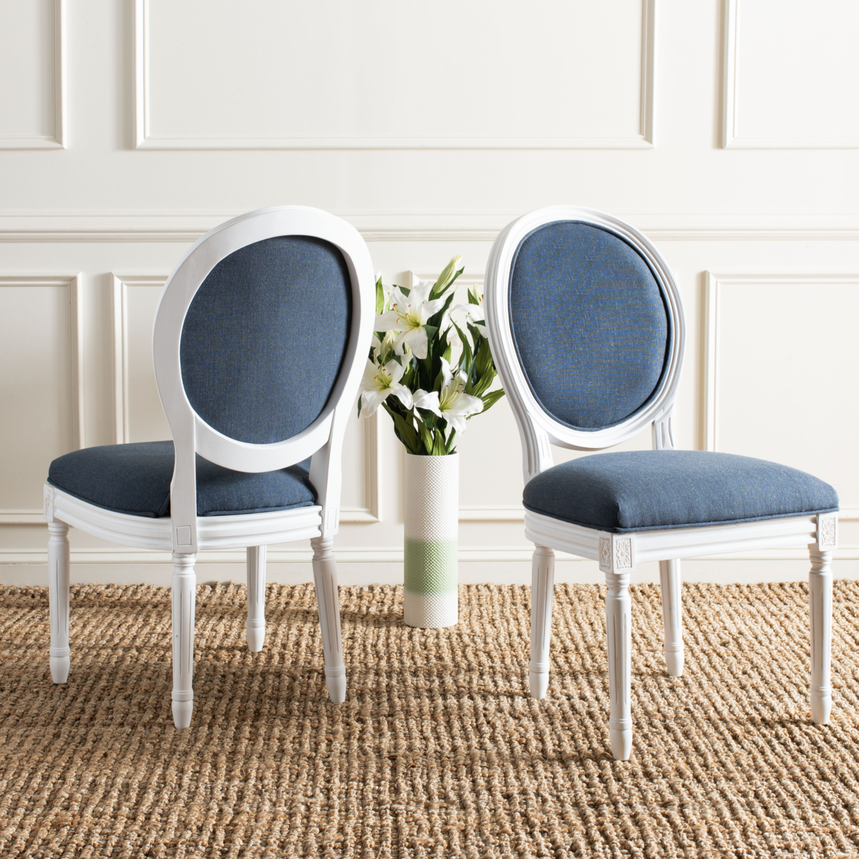 SAFAVIEH Holloway 19''H French Brasserie Linen Oval Side Chair Navy / Creme