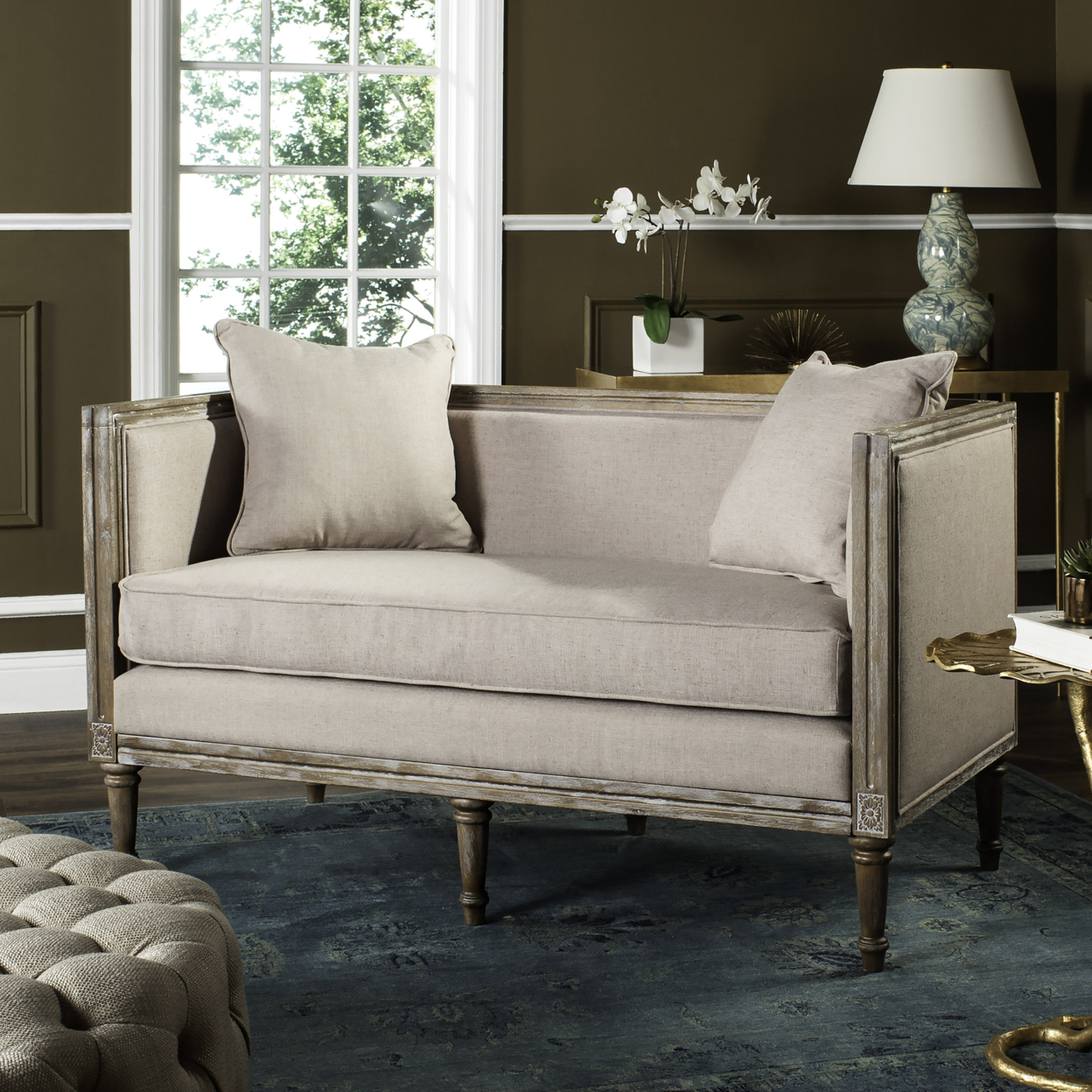 SAFAVIEH Leandra Linen French Country Settee Taupe / Rustic Oak