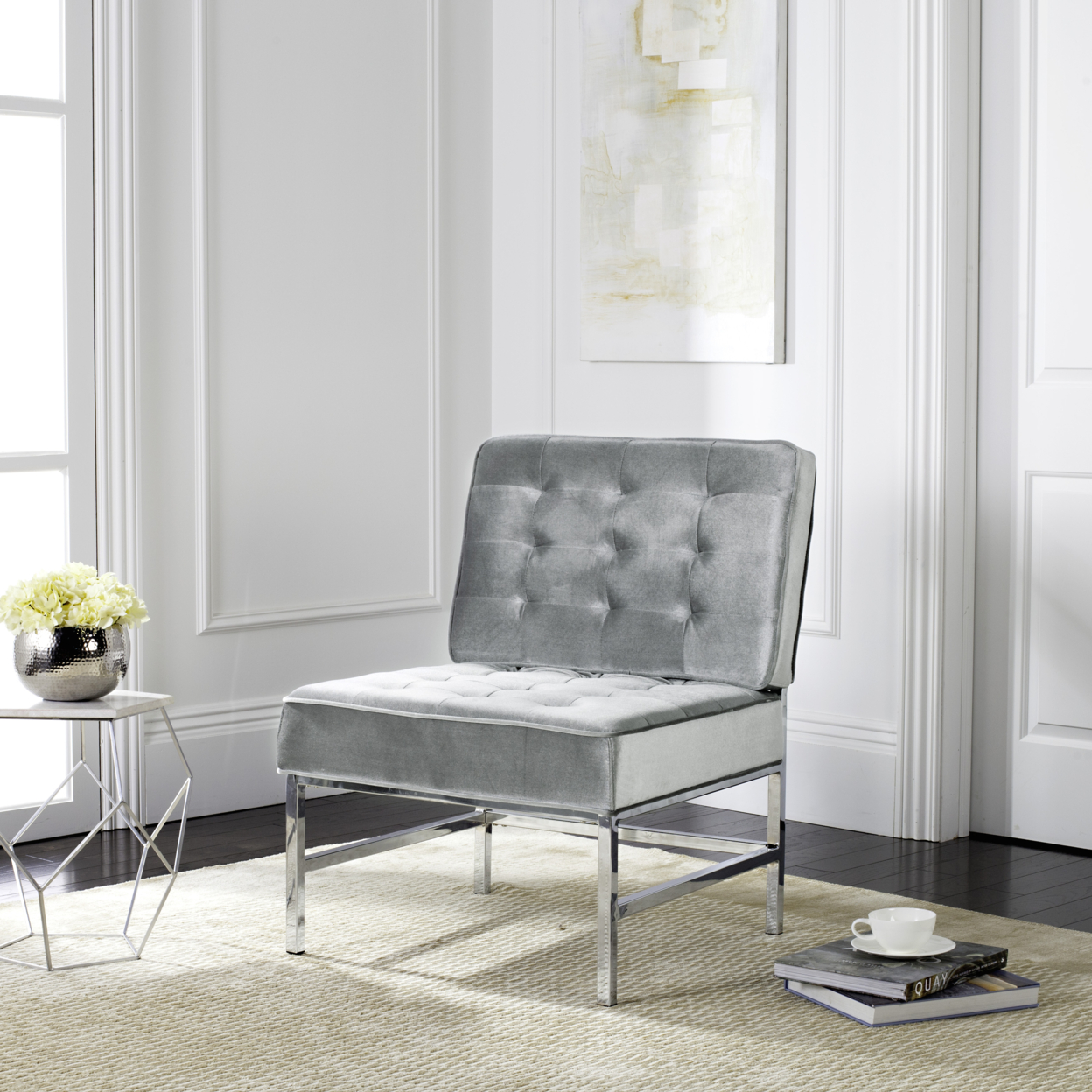 SAFAVIEH Ansel Modern Tufted Linen Chrome Accent Chair Light Grey