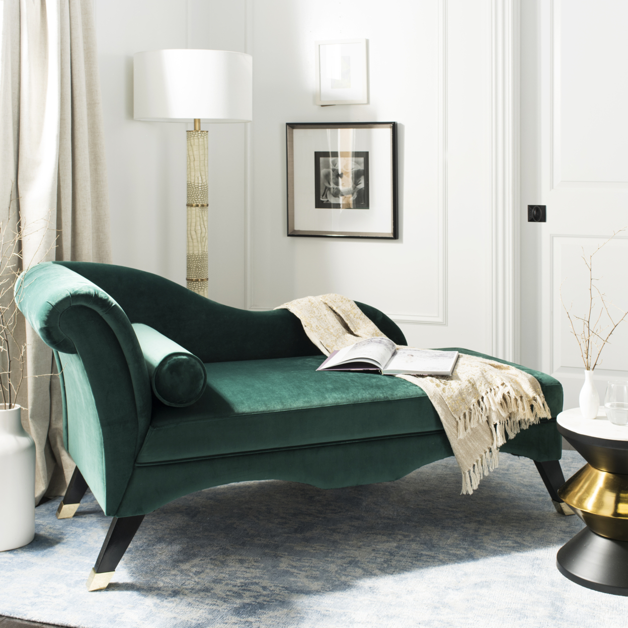 SAFAVIEH Caiden Velvet Chaise With Pillow Emerald / Black