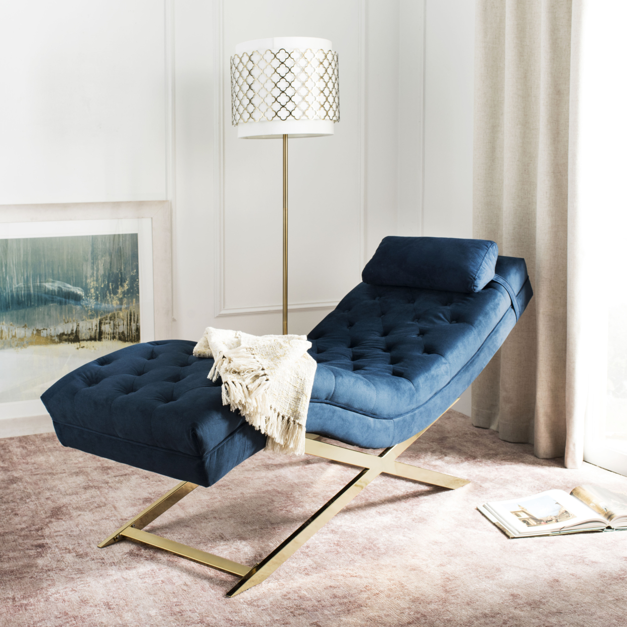 SAFAVIEH Monroe Chaise With Headrest Pillow Navy / Gold