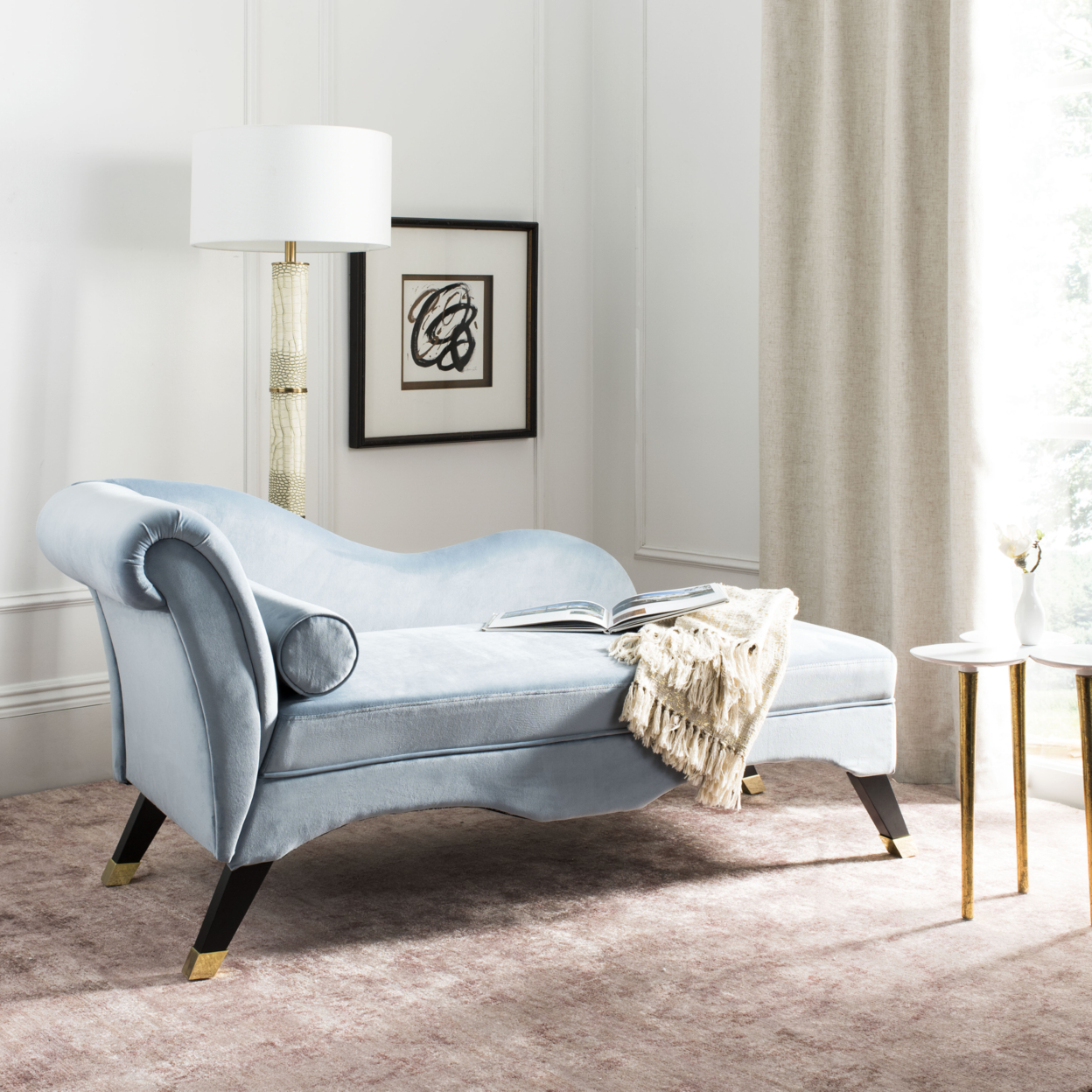 SAFAVIEH Caiden Velvet Chaise With Pillow Slate Blue/ Black