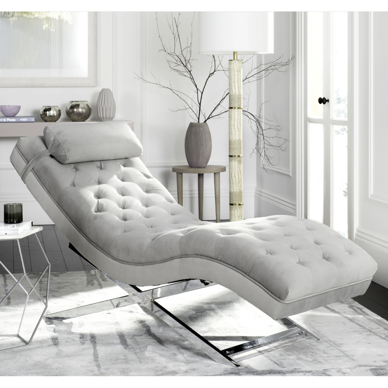SAFAVIEH Monroe Chaise With Headrest Pillow Grey