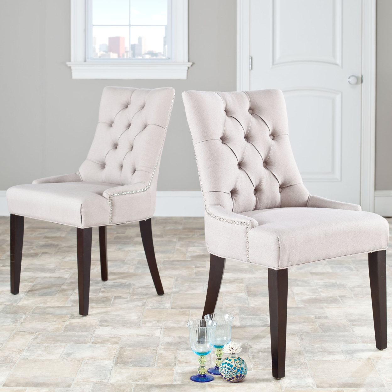 SAFAVIEH Abby 19''H Tufted Side Chair Set Of 2 Silver Nail Head Taupe