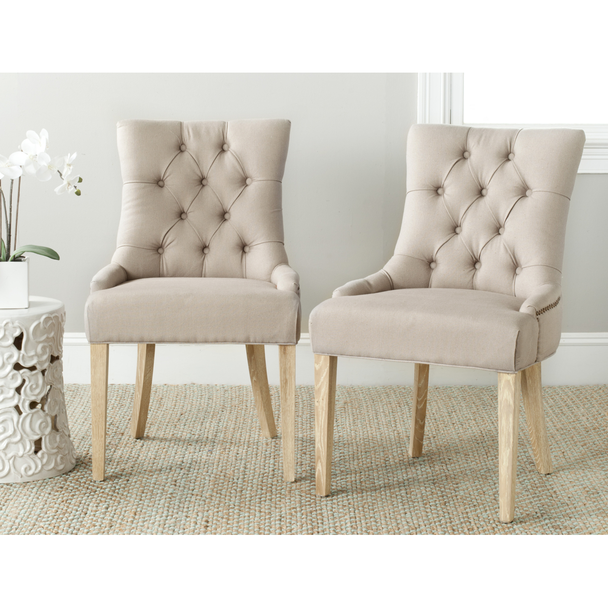 SAFAVIEH Abby 19''H Tufted Side Chair Set of 2 Taupe / Pickled Oak