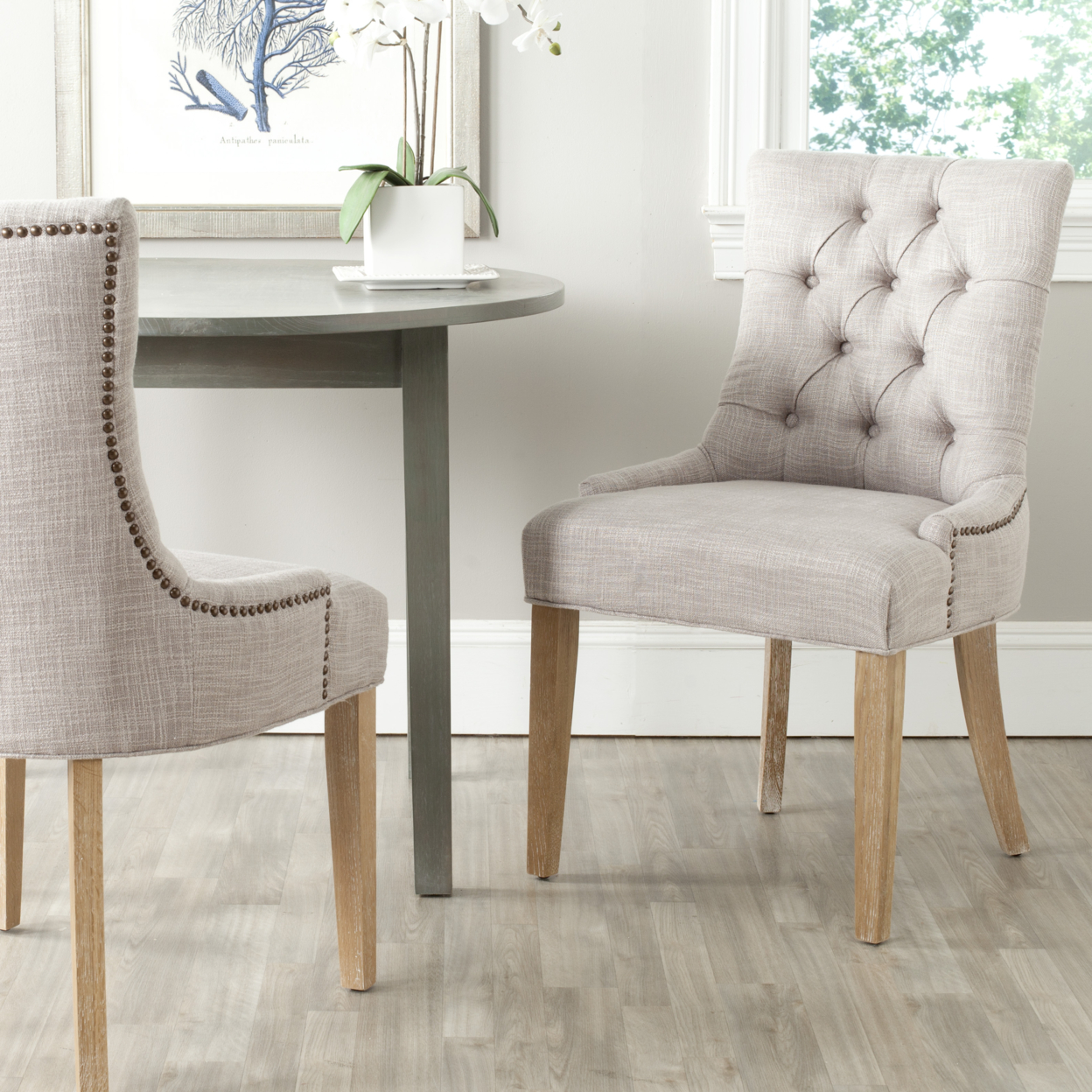 SAFAVIEH Abby 19''H Tufted Side Chair Set of 2 Brass Nail Head Grey