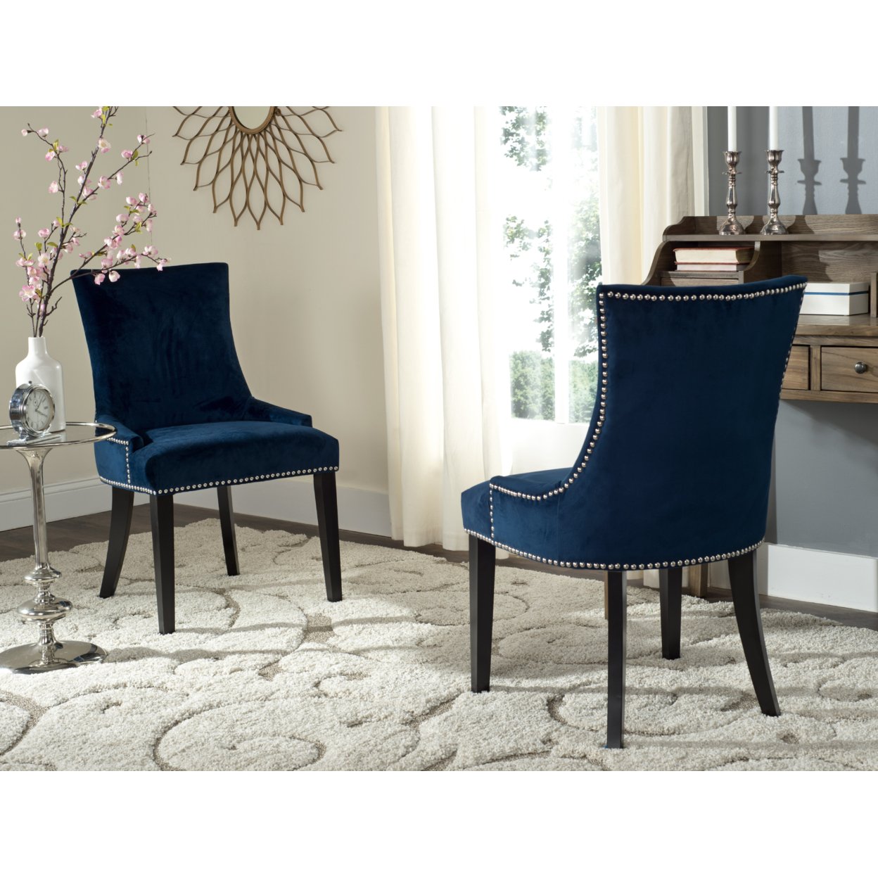 SAFAVIEH Lester 19''H Dining Chair Set Of 2 Silver Nail Head Navy