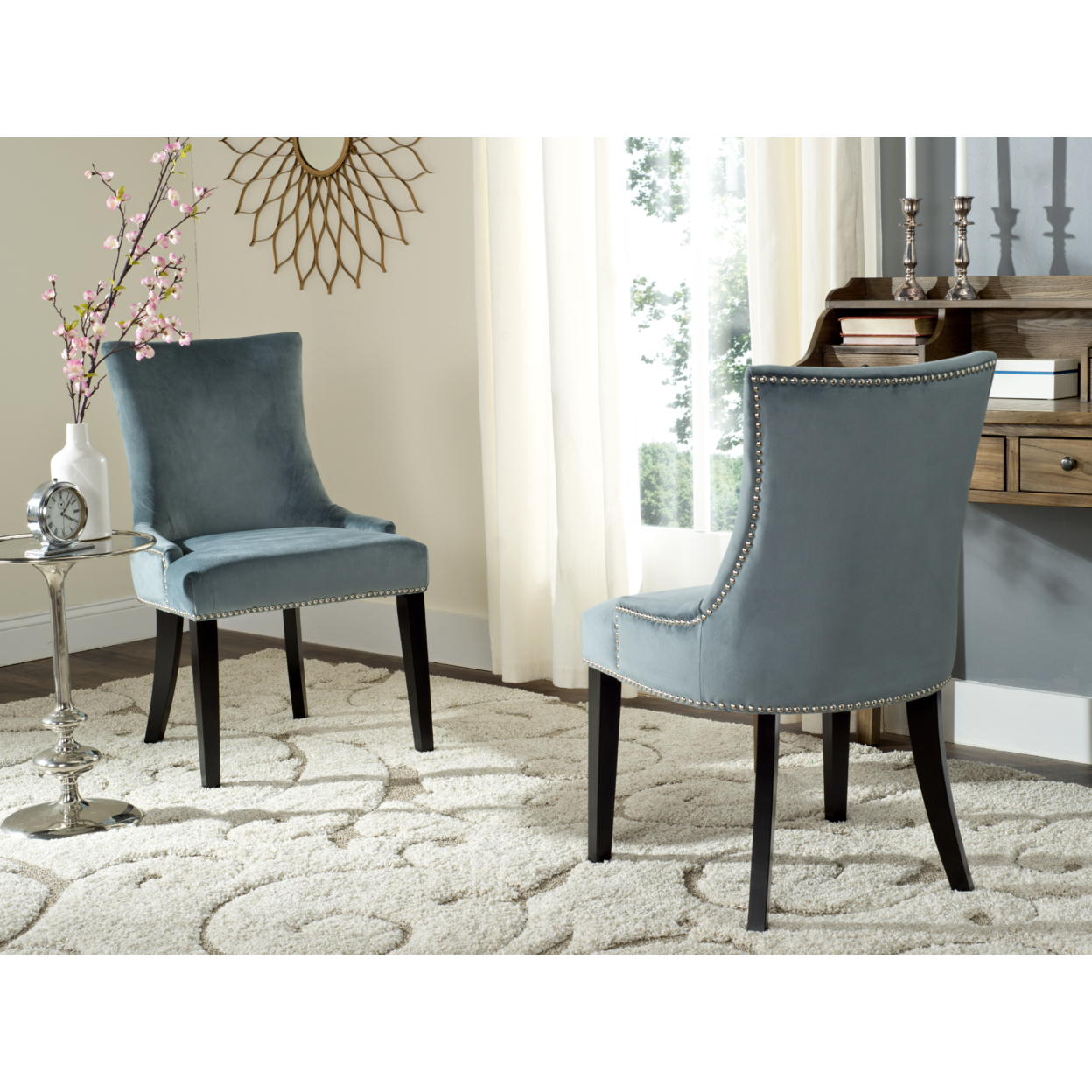 SAFAVIEH Lester 19''H Dining Chair Set Of 2 Silver Nail Head Blue