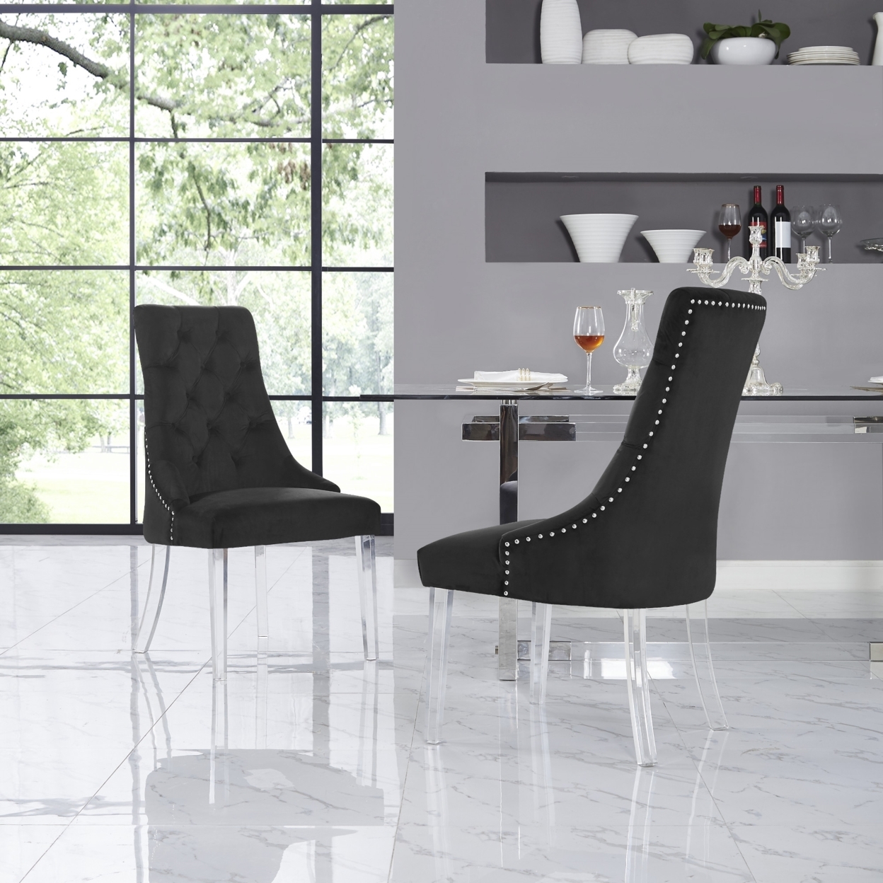 Hester Dining Chair-Set Of 2-Armless-Acrylic Leg-Button Tufted-Nailhead Trim-Inspired Home - Black Velvet