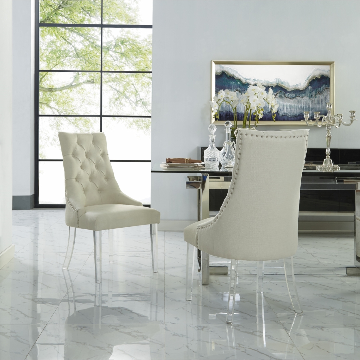 Hester Dining Chair-Set Of 2-Armless-Acrylic Leg-Button Tufted-Nailhead Trim-Inspired Home - Cream White Linen