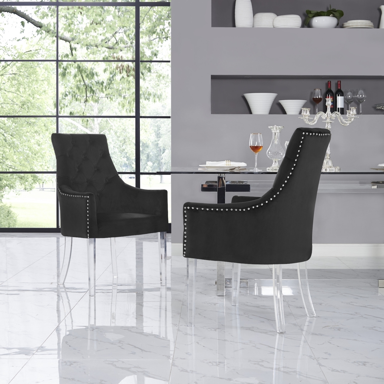 Hester Dining Chair-Set Of 2-Acrylic Leg-Button Tufted-Nailhead Trim-Inspired Home - Black Velvet