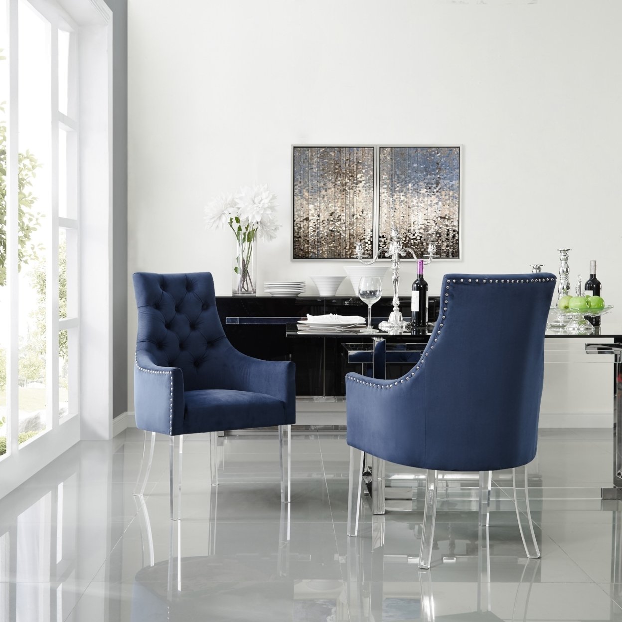 Hester Dining Chair-Set Of 2-Acrylic Leg-Button Tufted-Nailhead Trim-Inspired Home - Navy Velvet