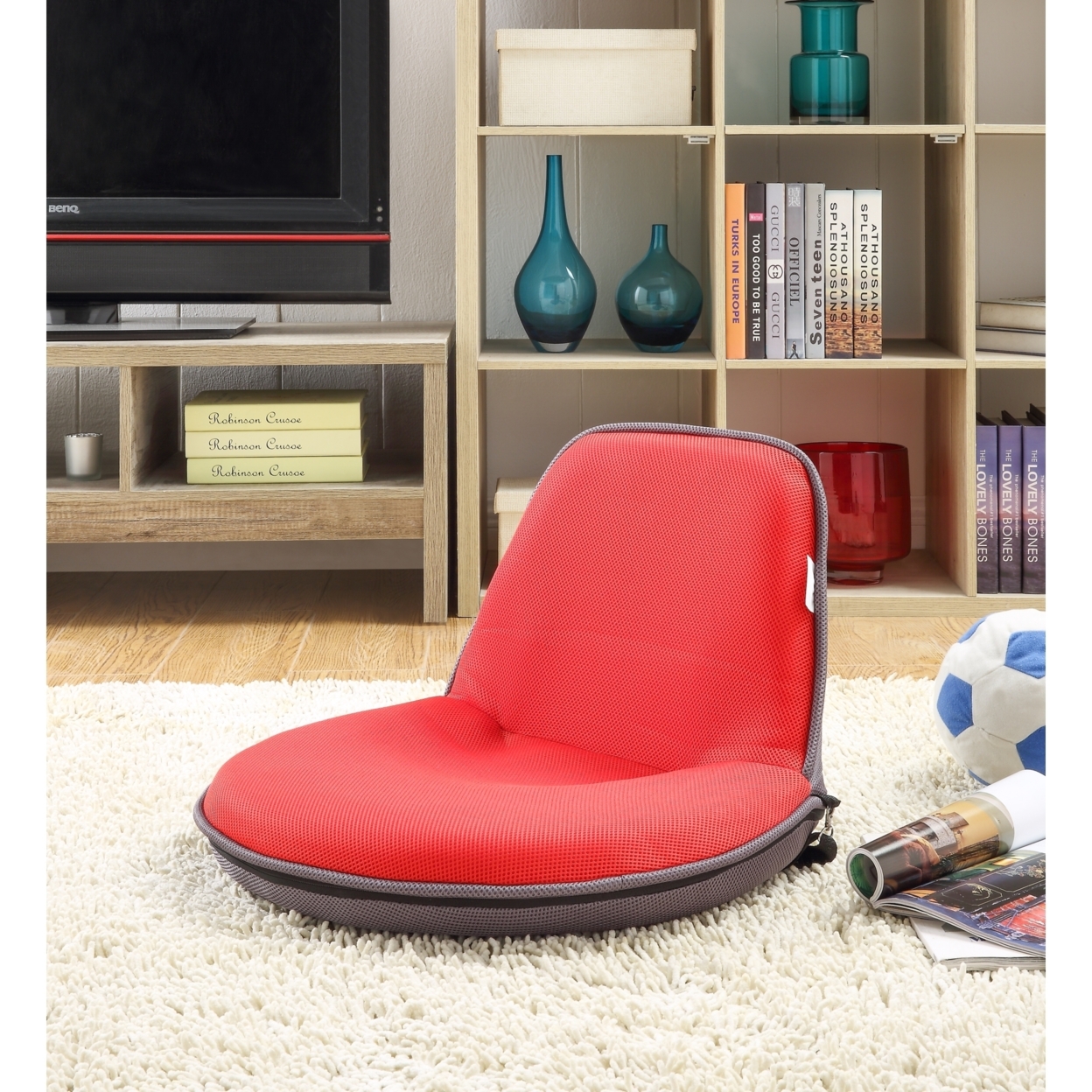 Loungie Quickchair Mesh Floor Chair-Foldable-Portable With Strap-Indoor-Outdoor-by Inspired Home - Red/grey