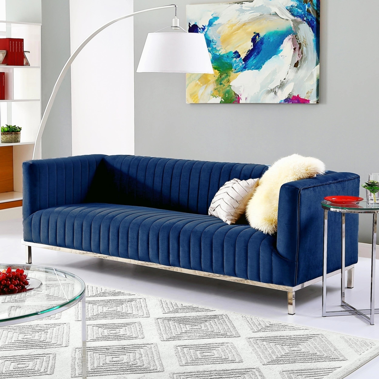 Franco Velvet Tuxedo Sofa-Chrome Y-Legs-Stainless Steel-Line Stitch-Modern-Contemporary-Inspired Home - Navy/chrome