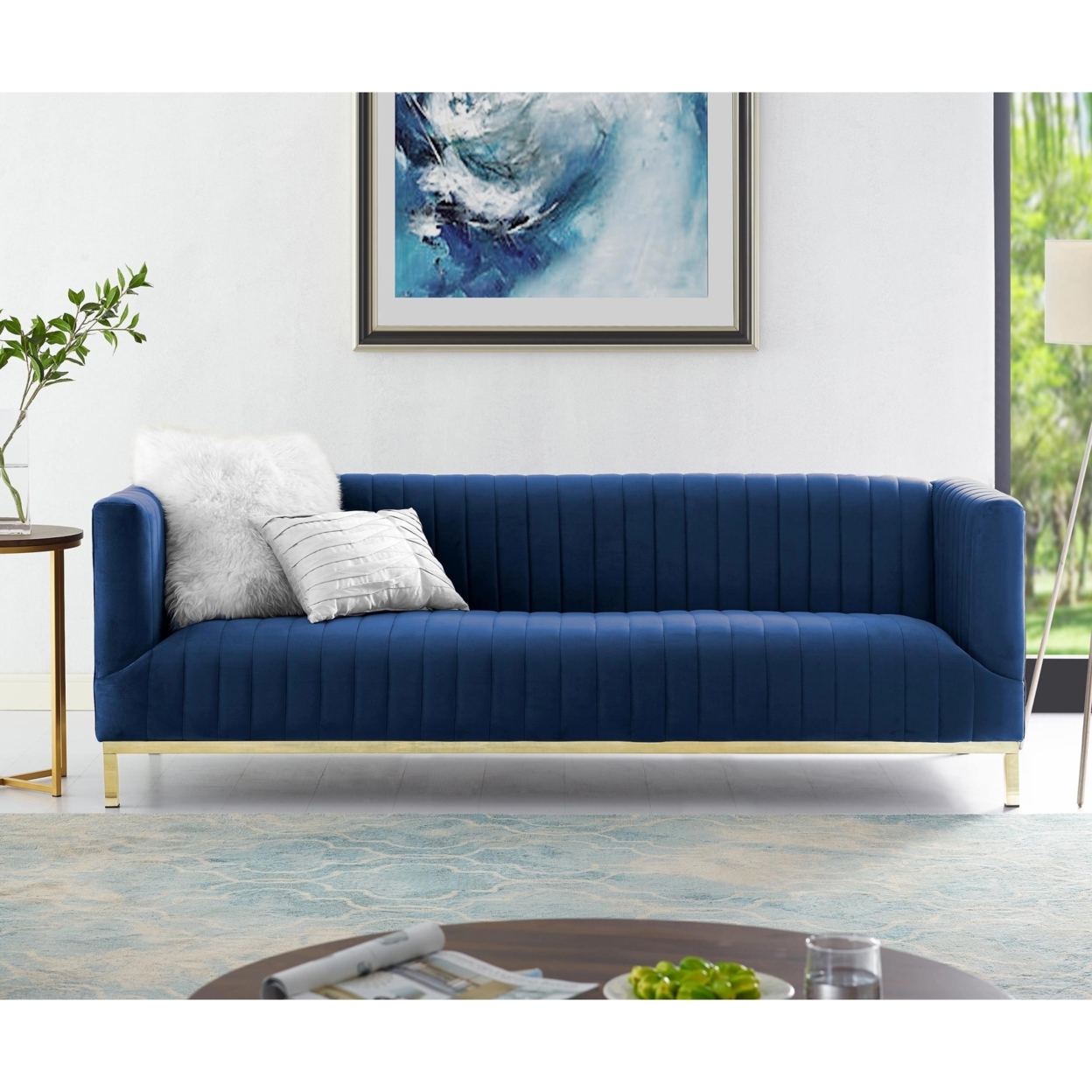 Franco Velvet Tuxedo Sofa-Chrome Y-Legs-Stainless Steel-Line Stitch-Modern-Contemporary-Inspired Home - Navy/glold