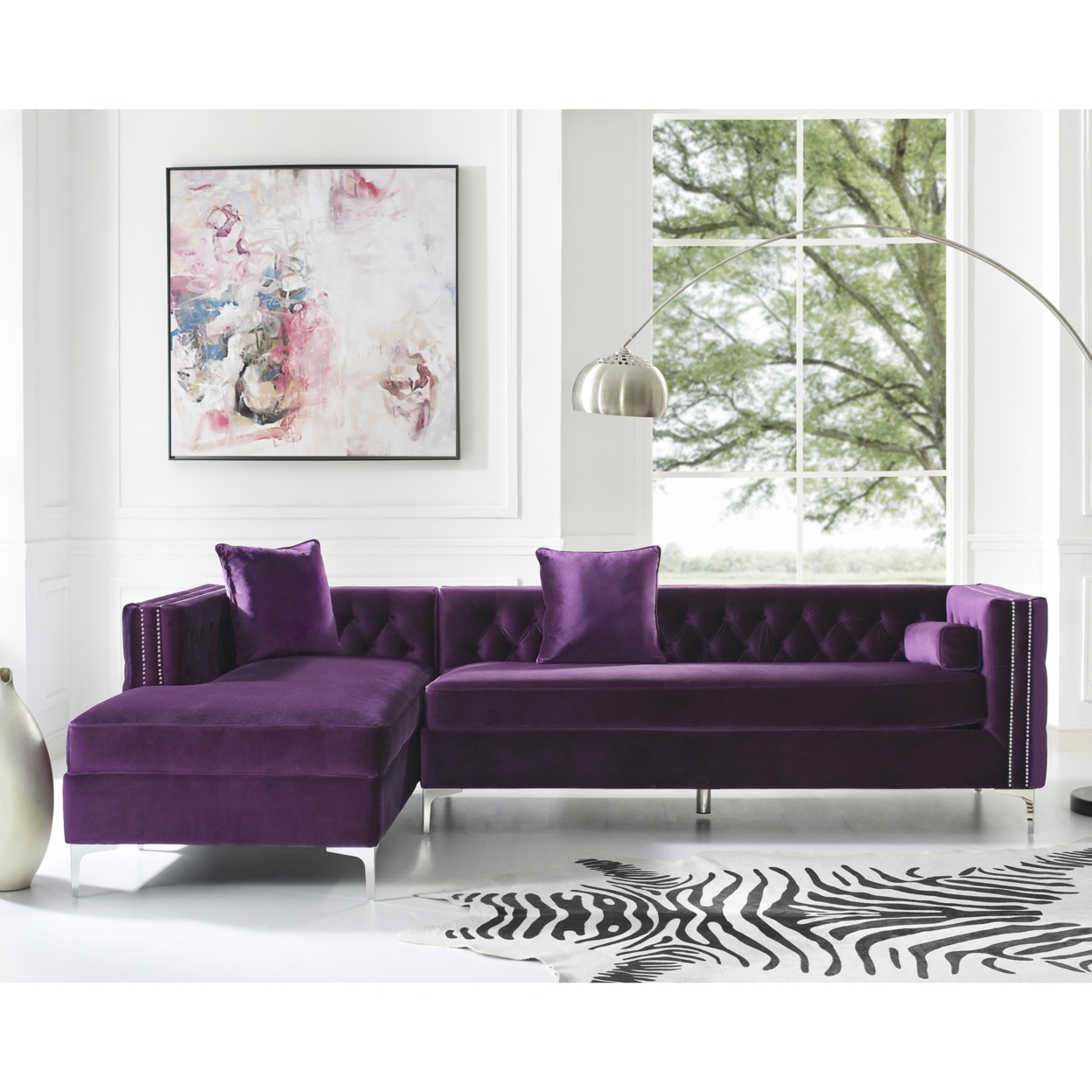 Alison Velvet Chaise Sectional Sofa-115"-Storage-Button Tufted-Nailhead Trim-Inspired Home - Purple/ Chrome, Right Facing