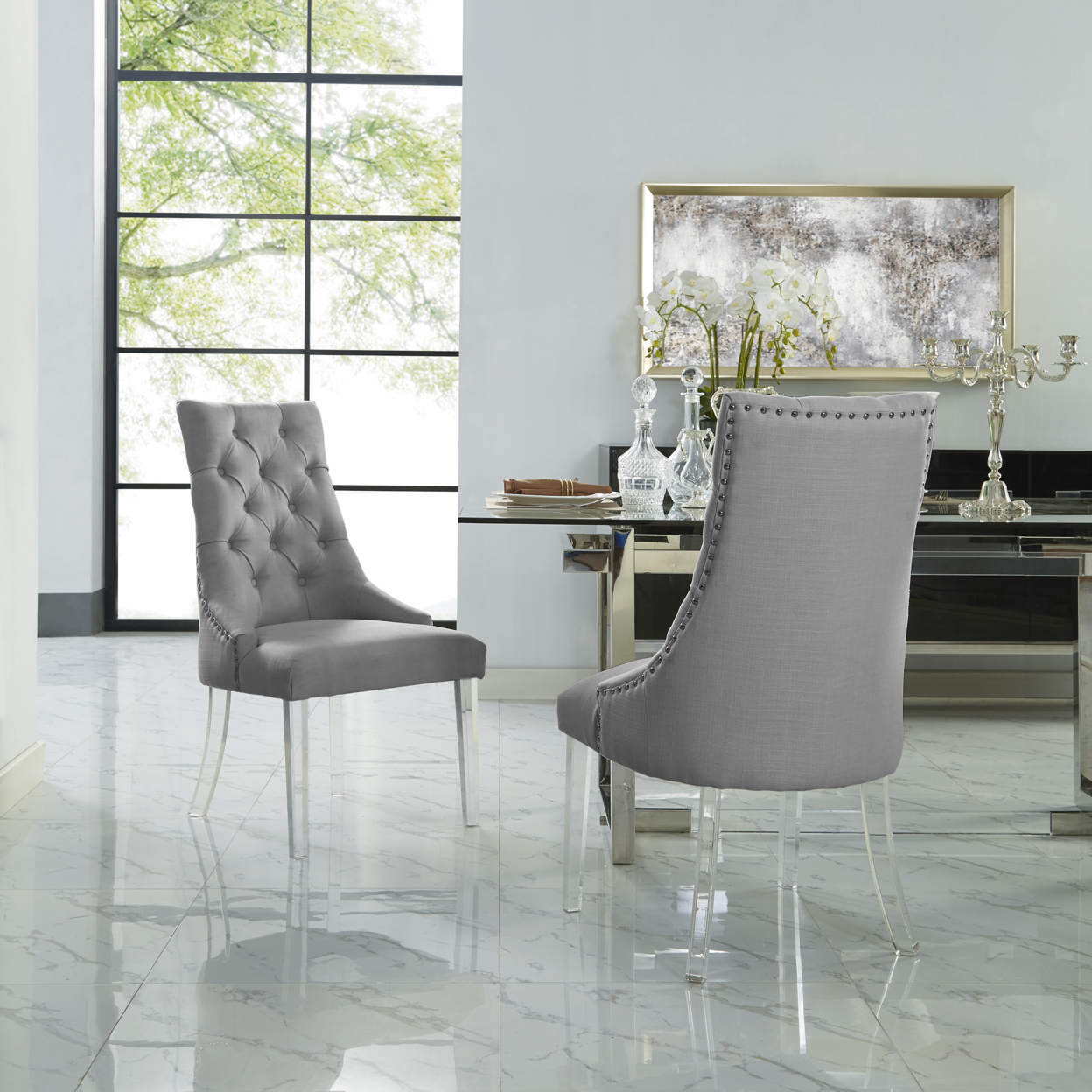 Hester Dining Chair-Set Of 2-Armless-Acrylic Leg-Button Tufted-Nailhead Trim-Inspired Home - Light Grey Linen