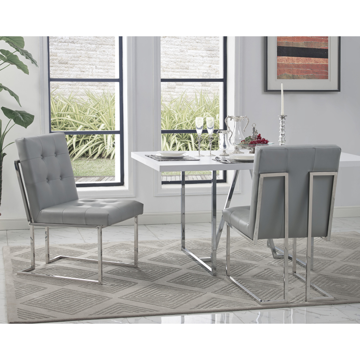 Cecille PU Leather Or Velvet Armless Dining Chair-Set Of 2-Chrome - Gold Frame-Button Tufted-Modern & Functional By Inspired Home - White PU