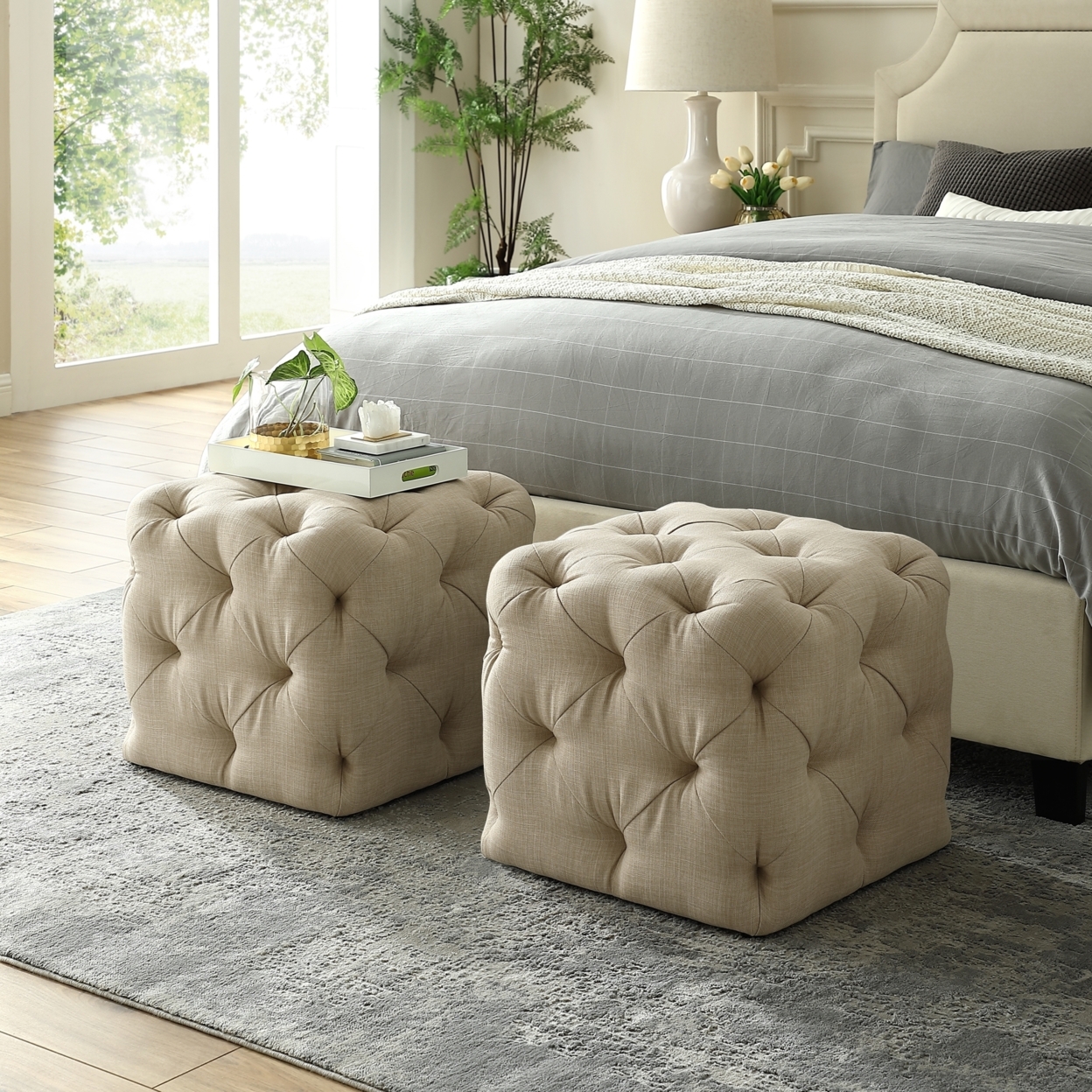 Harmony Velvet Or Linen Ottoman-Square Shaped-Allover Tufted Design-Modern & Functional By Inspired Home - Beige Linen