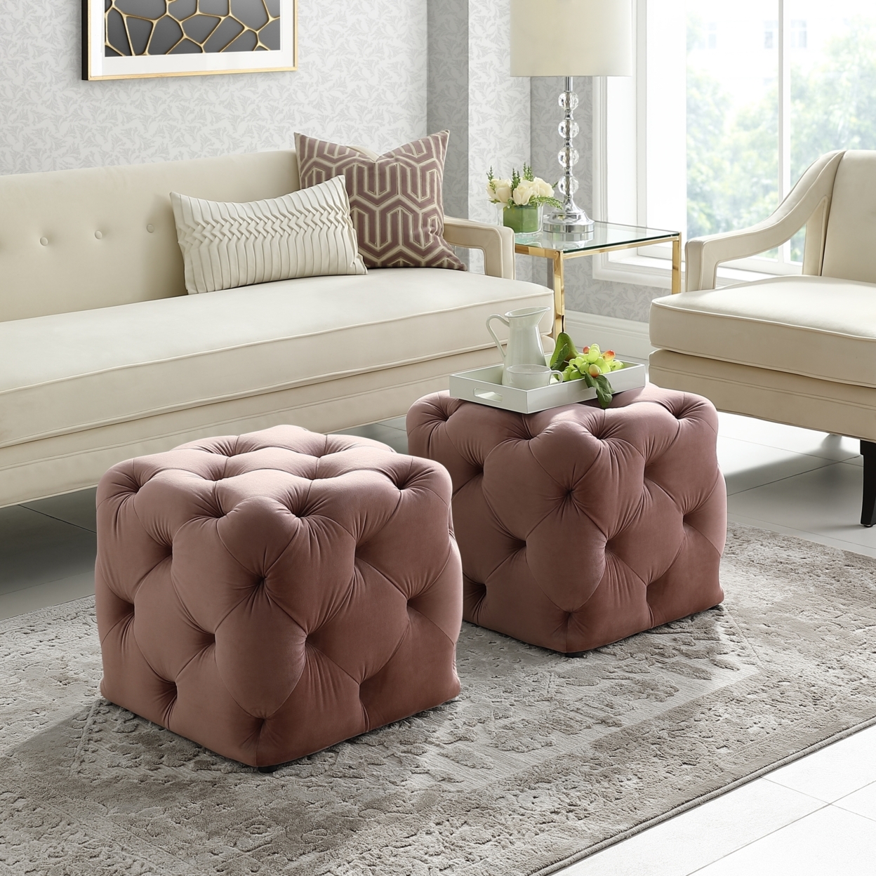 Harmony Velvet Or Linen Ottoman-Square Shaped-Allover Tufted Design-Modern & Functional By Inspired Home - Beige Linen