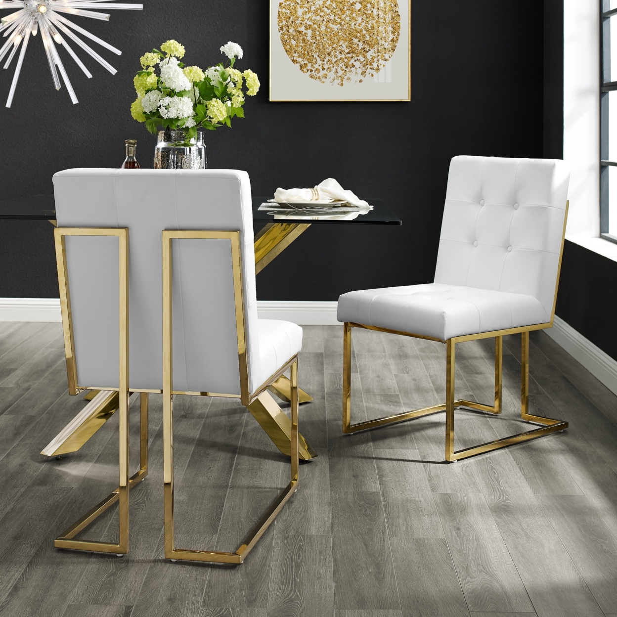Cecille PU Leather Or Velvet Armless Dining Chair-Set Of 2-Chrome - Gold Frame-Button Tufted-Modern & Functional By Inspired Home - Light Gr