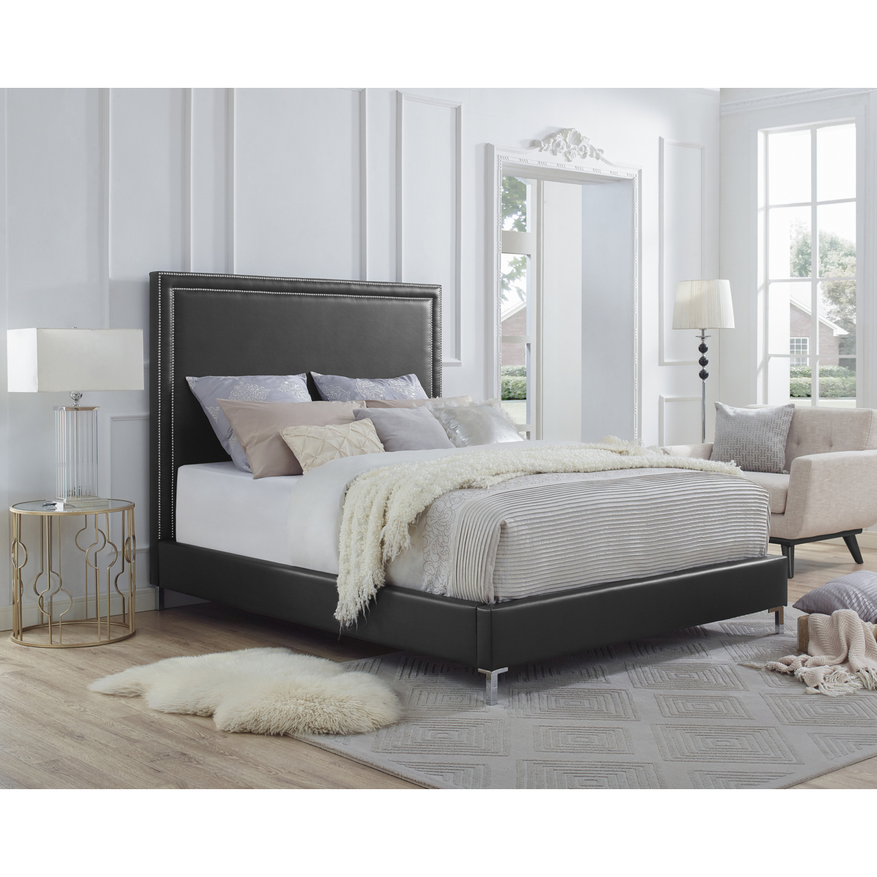 Valentina Leather PU Platform Bedframe-Nailhead Trim-King- Queen- Full- Twin Size-Inspired Home - Black, Queen