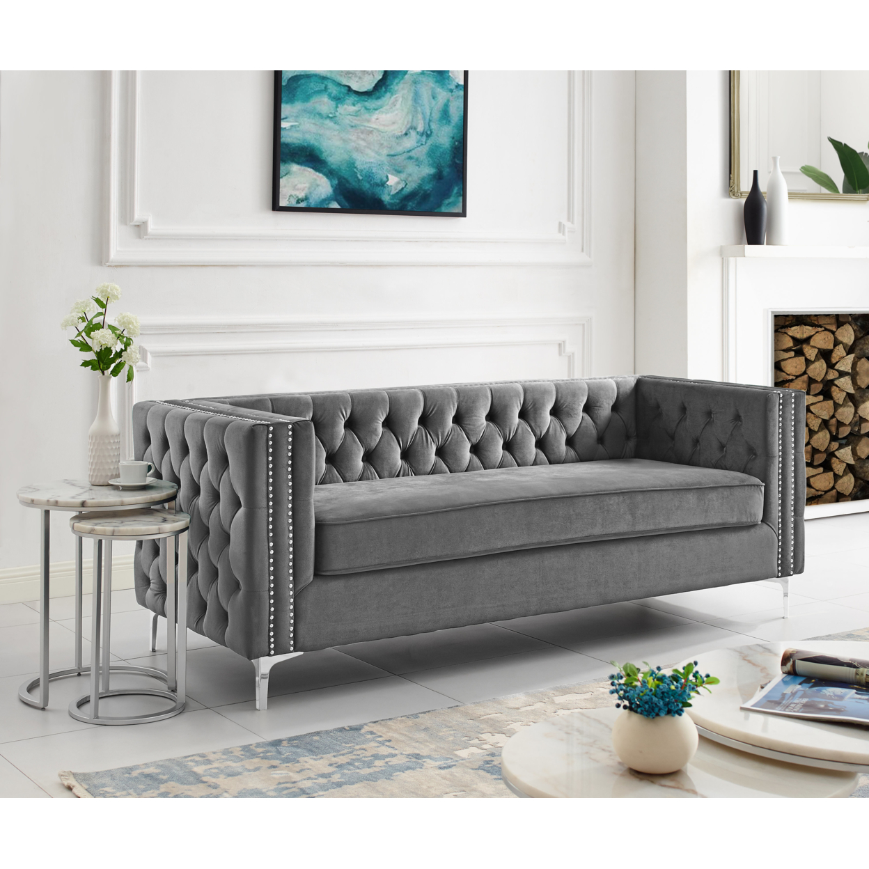 Alison Velvet Club Chair or Sofa-Button Tufted-Nailhead Trim-Inspired Home - Grey, Sofa